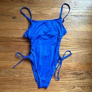 Blue sexy strappy one piece bathing suit